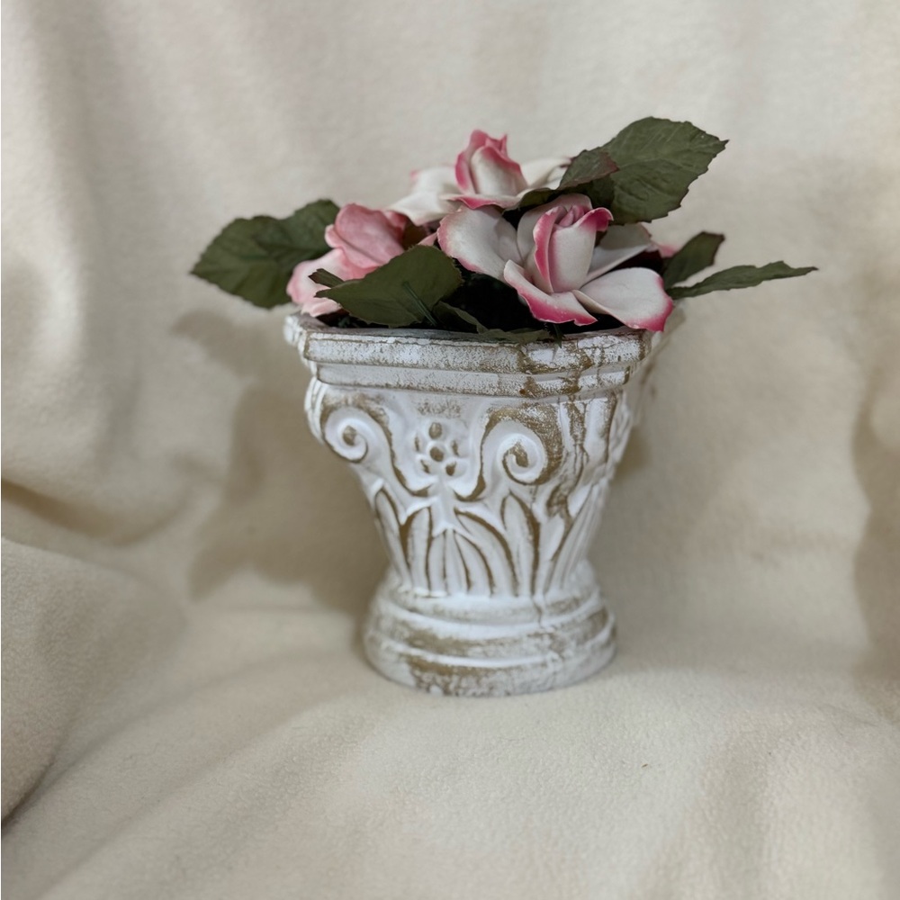 Chic vintage White Planter with Pink porcelain Floral Accents LAST CHANCE